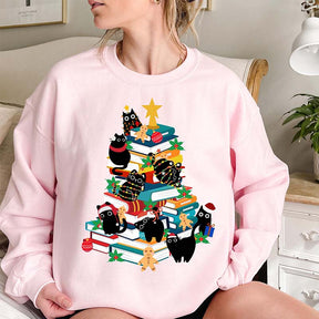 Cute Cats and Books Christmas Tree Sweatshirt