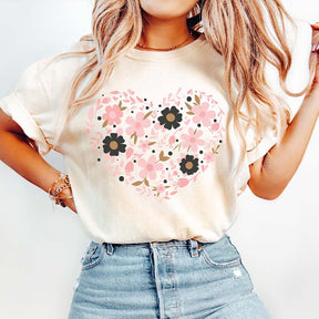 Pink Floral Wildflower Heart  T-Shirt