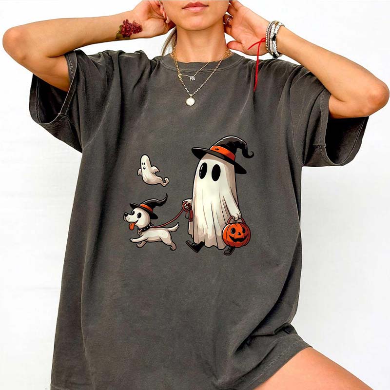 Funny Ghost Walking Dog Halloween T-Shirt