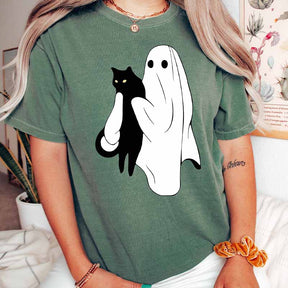 Ghost Holding Black Cat Halloween T-Shirt