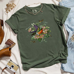 Pressed Flowers Bird And Butterflies T-Shirt