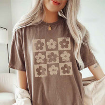 Retro Checkered Flowers Floral T-Shirt