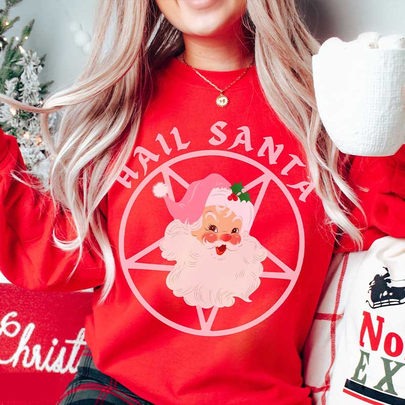 Pink Retro Hail Santa Witchy Pentagram Sweatshirt