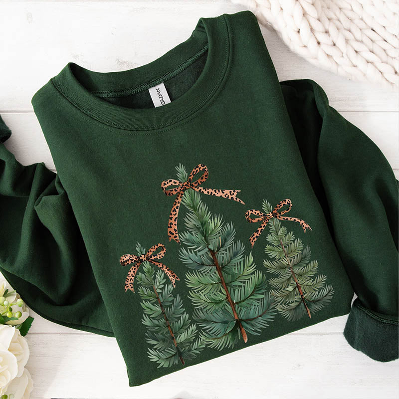 Leopard Print Bow Minimalist Christmas Trees Sweatshirt