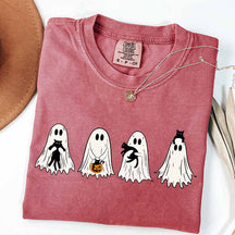 Cute Ghost Black Cats Halloween Spooky Season T-Shirt