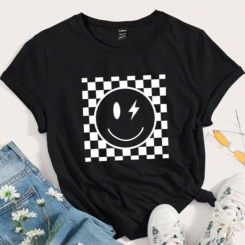 Cartoon Checkered Smile T-Shirt