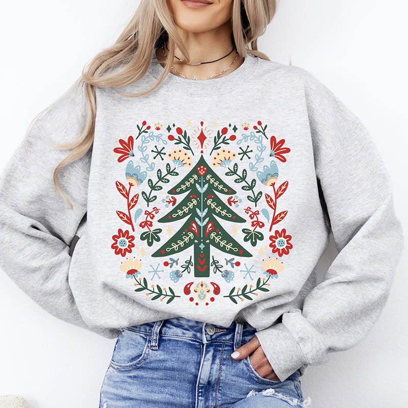 Classic Floral Christmas Tree Folk Art Sweatshirt