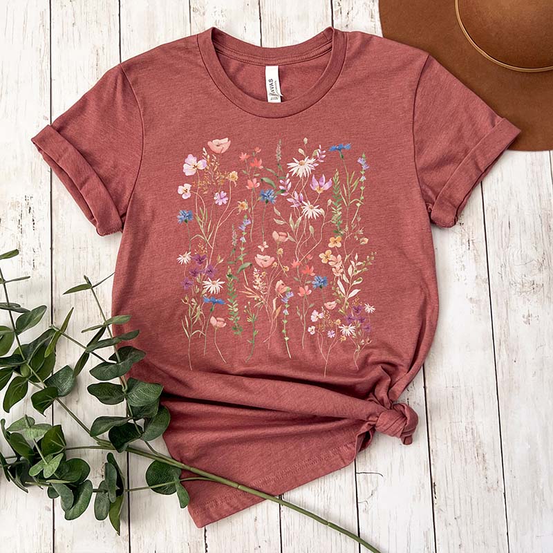 Pressed Flower Watercolor Floral Boho T-Shirt