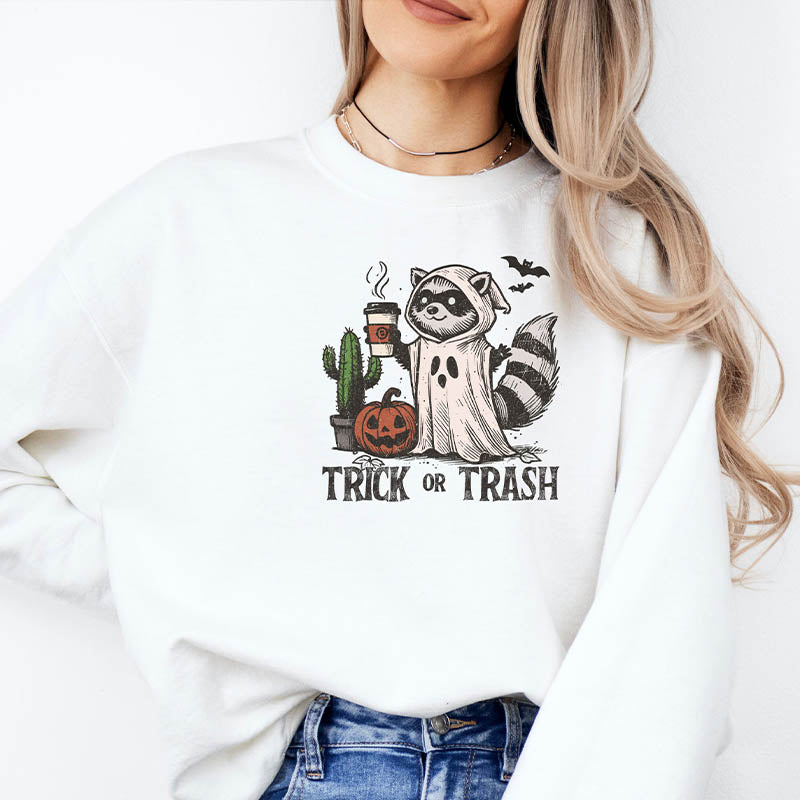 Trick or Trash Ghost Raccoon Drinking Coffee Sweatshirt