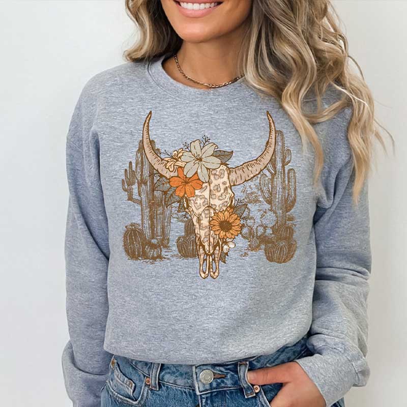 Western Desert Cow Skull Leopard Cactus Sweatshirt