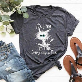 It's Fine I'm Fine Everything Is Fine Black Cat T-Shirt