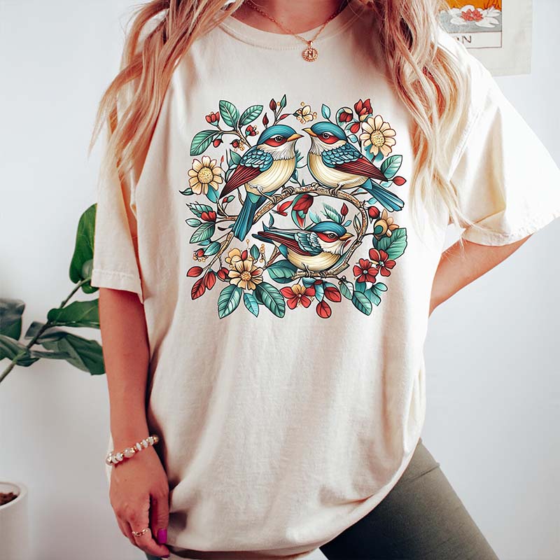 Cottagecore Birds and Flowers Folk Art Scandi T-Shirt