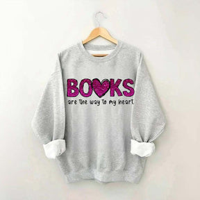 Printed Books the Way to Heart Faux Glitter Sweatshirt