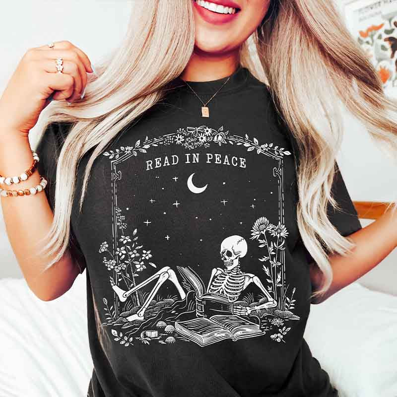 Read in Peace Skeleton Bookish Halloween T-Shirt