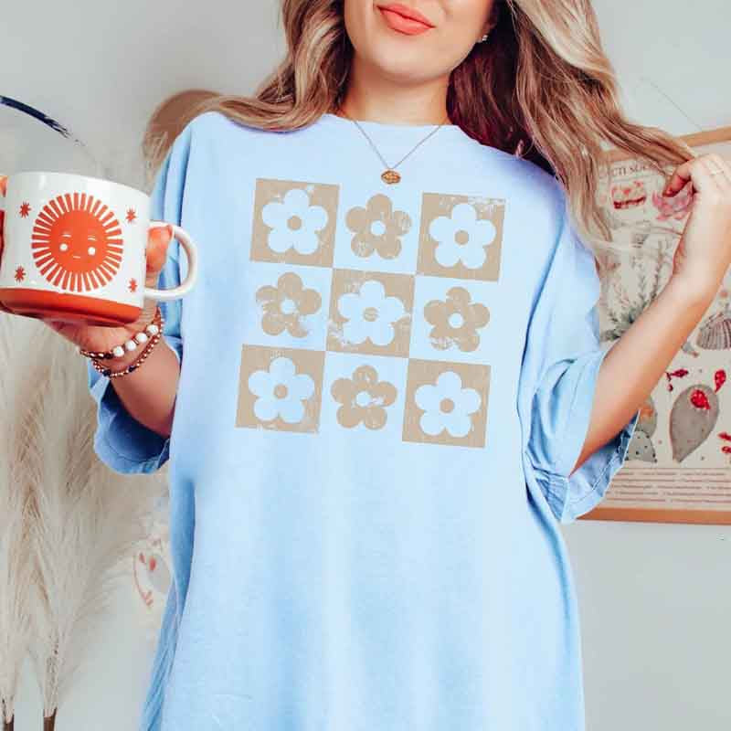 Retro Checkered Flowers Floral T-Shirt