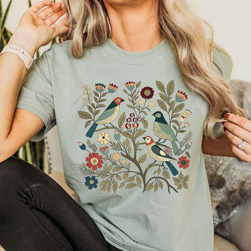 Birds and Flowers Scandi Art T-Shirt