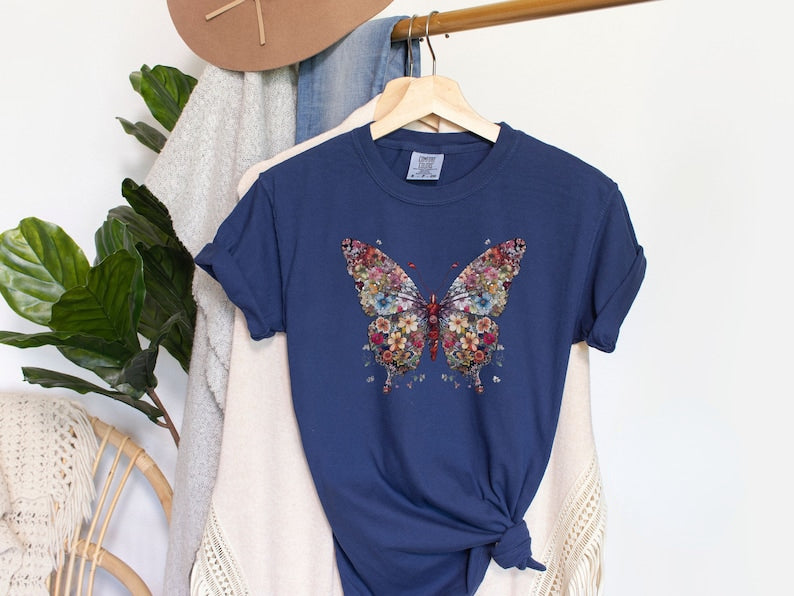 Butterfly Floral Shirt | Butterfly T-Shirt Manches courtes