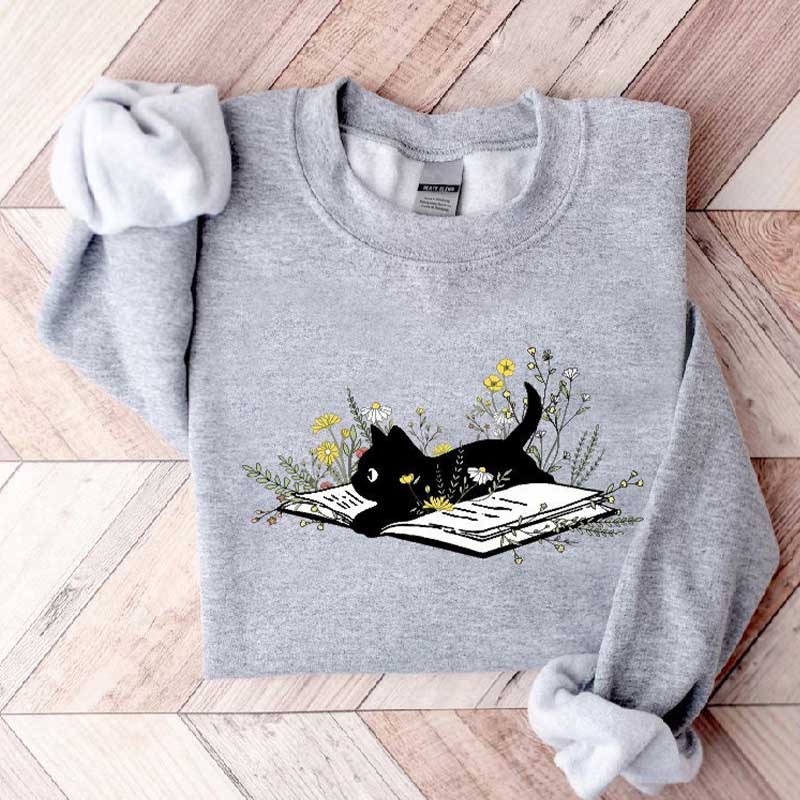 Cute Cat Book Floral Cat Sweatshirt