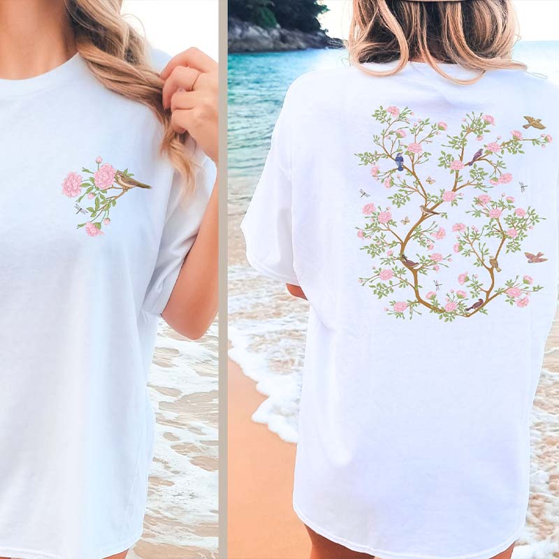 Flower Bush Bird Vintage Floral T-Shirt