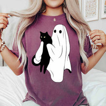 Ghost Holding Black Cat Halloween T-Shirt