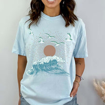 Minimalist Beach Day Wave Sun and Seagulls T-Shirt