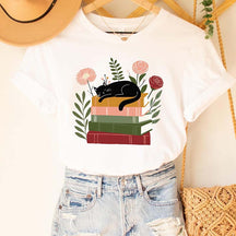 Flower Bookish Cat Reader T-Shirt