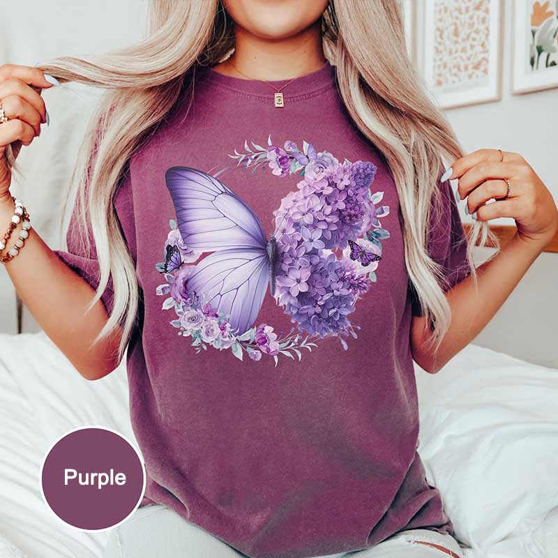 Purple Butterfly Floral Flower T-Shirt