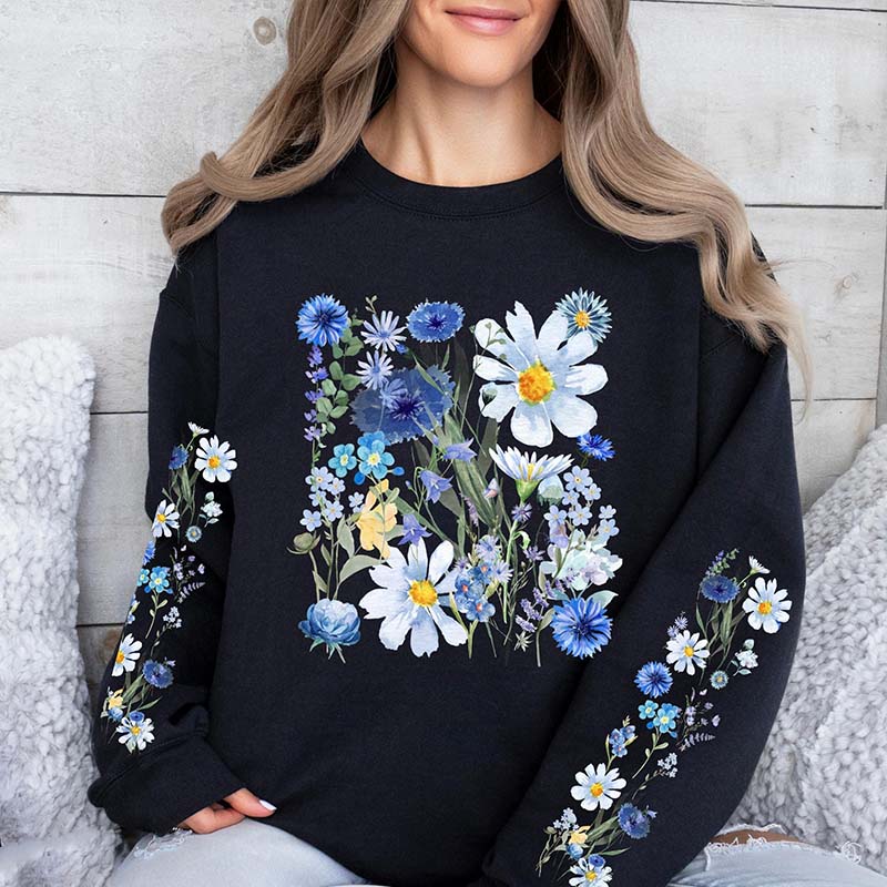 Printed Sleeves Vintage Pressed Flowers Sweatshirt