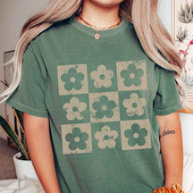 Retro Checkered Flowers Floral T-Shirt