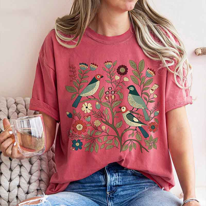 Birds and Flowers Scandi Art T-Shirt