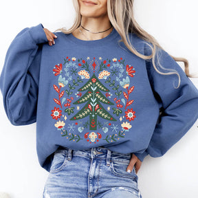 Classic Floral Christmas Tree Folk Art Sweatshirt