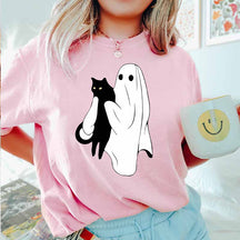 Ghost Holding Black Cat Halloween T-Shirt