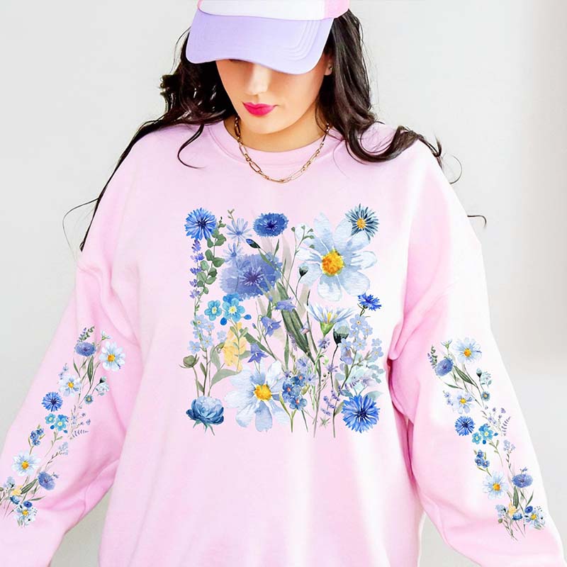 Printed Sleeves Vintage Pressed Flowers Sweatshirt