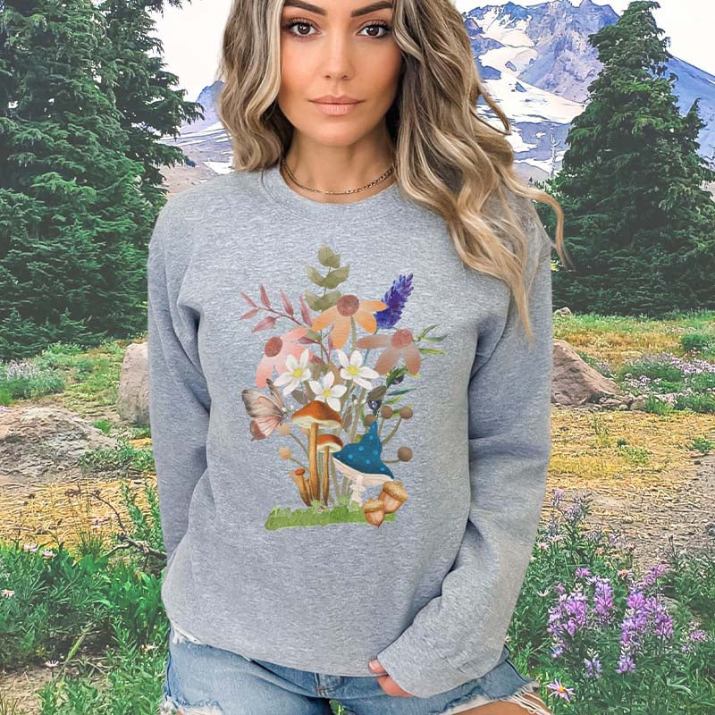 Spring Mushrooms and Flowers Graphic Sweatshirt