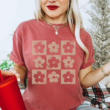 Retro Checkered Flowers Floral T-Shirt