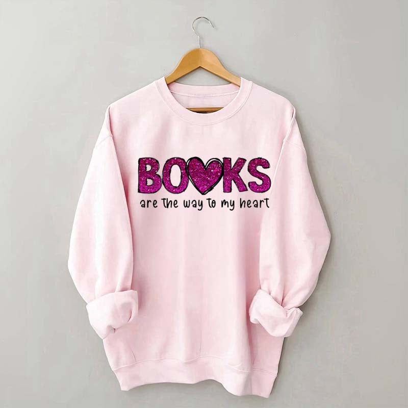 Printed Books the Way to Heart Faux Glitter Sweatshirt