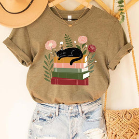 Flower Bookish Cat Reader T-Shirt