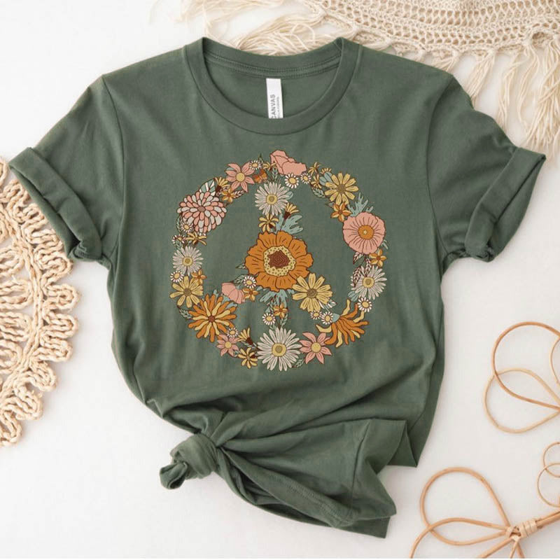 Floral Peace Sign Minimalist T-Shirt