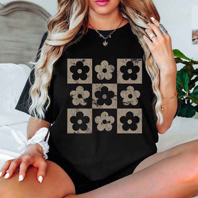 Retro Checkered Flowers Floral T-Shirt