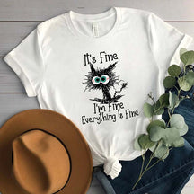 It's Fine I'm Fine Everything Is Fine Black Cat T-Shirt