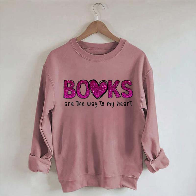 Printed Books the Way to Heart Faux Glitter Sweatshirt