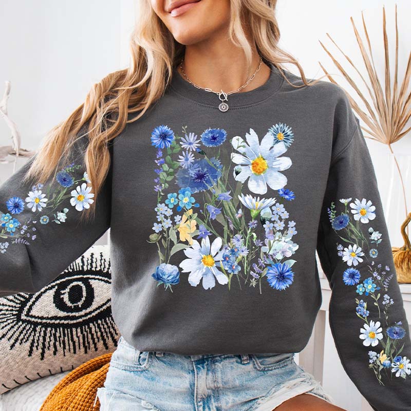 Printed Sleeves Vintage Pressed Flowers Sweatshirt