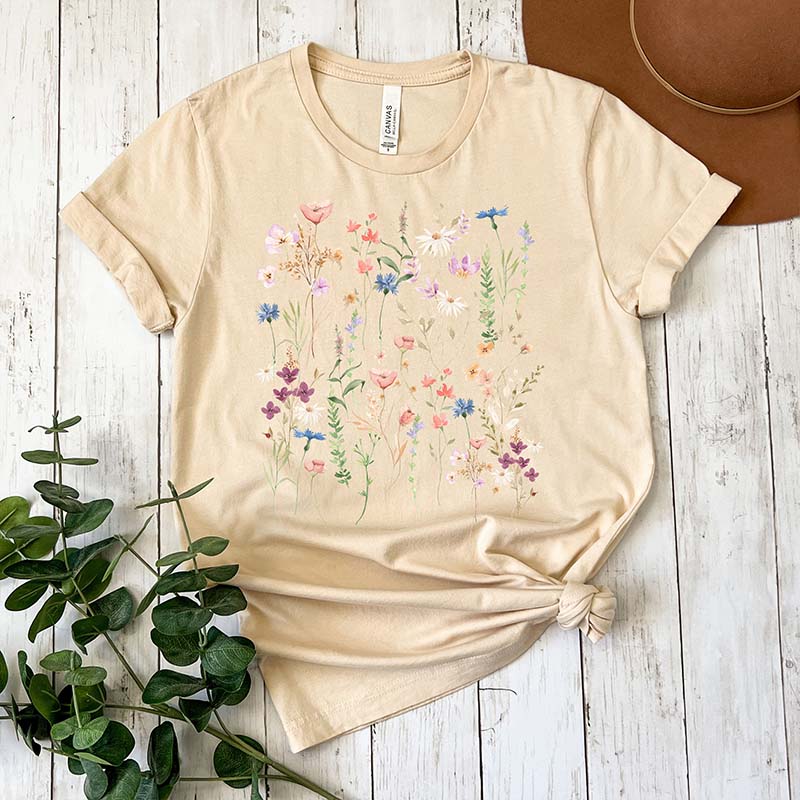 Pressed Flower Watercolor Floral Boho T-Shirt