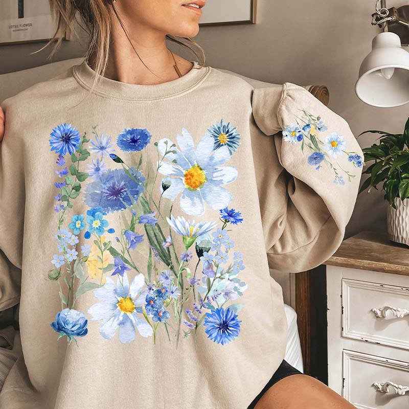 Printed Sleeves Vintage Pressed Flowers Sweatshirt