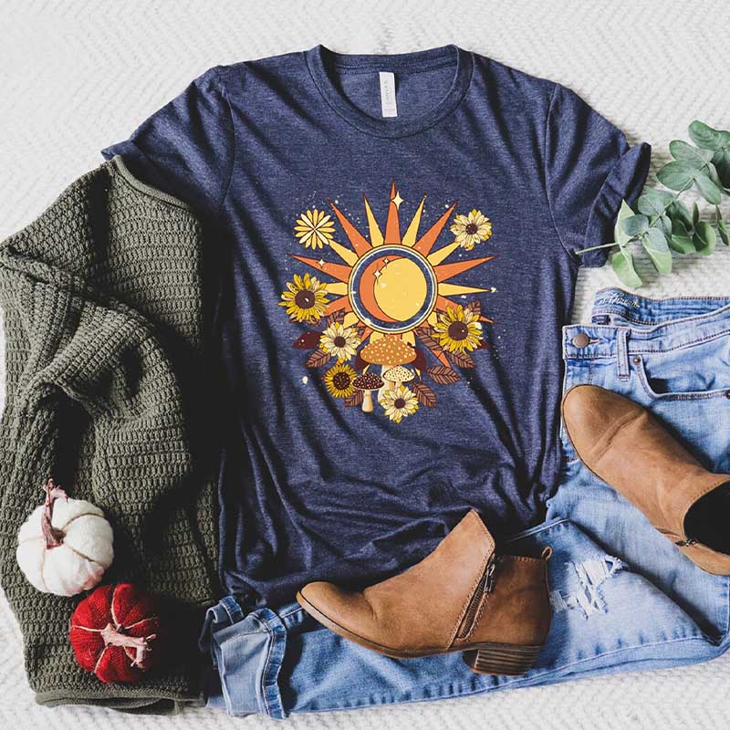 Bohemian Retro Sun Moon Mushroom Floral T-Shirt