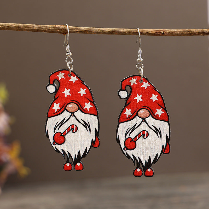 Christmas Wooden Hanging Gnome Santa Earrings