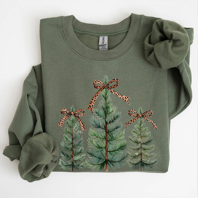 Leopard Print Bow Minimalist Christmas Trees Sweatshirt