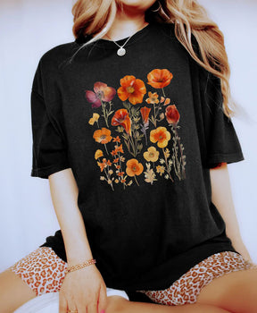 Orange Pressed Wildflowers Boho Flower T-Shirt