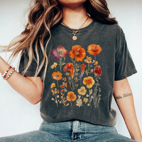 Orange Pressed Wildflowers Boho Flower T-Shirt