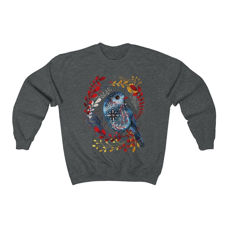 Folk Art Bird Sweatshirt Nordic Botanical Sweatshirt